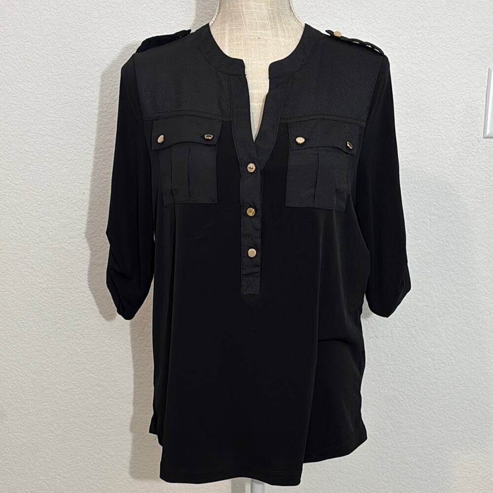 Carmen Marc Valvo Black Button-Down Patch Pocket 3/4 Roll Sleeves Shirt Petite S